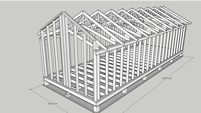 Ritning av trästomme för byggnad, takstolar, väggreglar, dimensioner angivna, 3D-modell, konstruktion, arkitektur, ingenjörskonst.