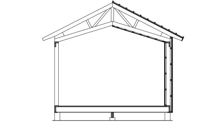 Sektionsritning av hustakstomme, visar takstolar, bjälklag och stödstrukturer, arkitektonisk detalj, enkel svartvit skiss.