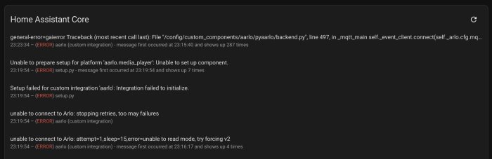 En skärmbild av Home Assistant Core som visar loggmeddelanden med flera fel för en kundanpassad integration.
