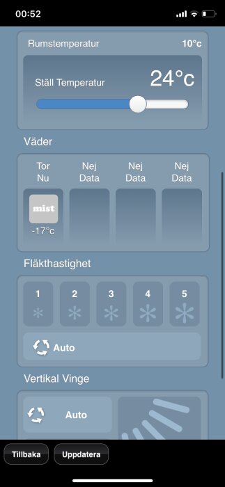 Mobilskärmsbild på temperaturstyrningsapp med rumstemperatur, väderinformation, fläkthastighet och kontroller.
