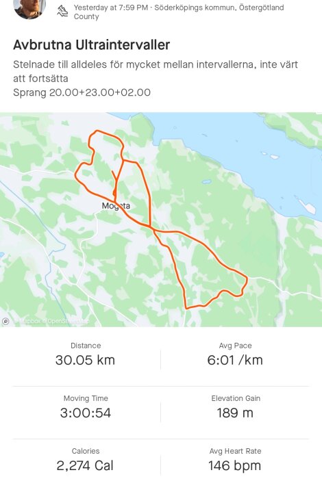 GPS-karta över löptur, 30,05 km, tid 3 timmar, Söderköpings kommun, avbruten träning.