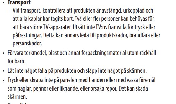 Instruktioner för transport och skötsel av TV-apparater på svenska; fokus på skärmens säkerhet.