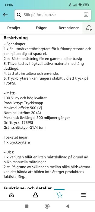 Skärmdump från Amazon.se som visar produktbeskrivning för en strömbrytare till luftkompressor; information på svenska.