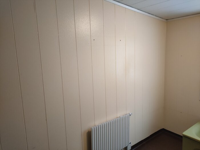 Ett enkelt rum med vita panelväggar, en radiator till vänster, och en del av ett bord till höger.