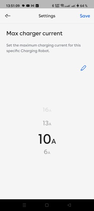 Skärmdump av inställningsmeny för att välja maximal laddningsström; alternativ: 16A, 13A, 10A, 6A.