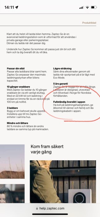 Skärmdump av mobil visar information om elbilsladdare, Zaptec Go, funktioner och fördelar.