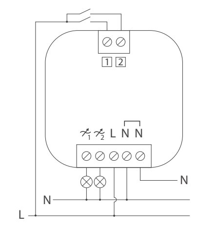 Elektriskt kopplingsschema med säkringar, anslutningar, och markeringar för fas (L) och nolla (N).