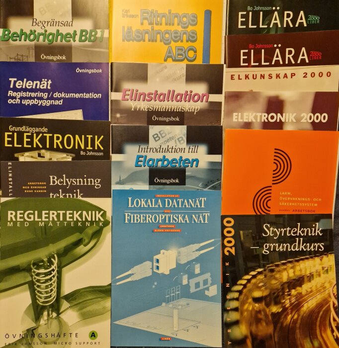 Samlingsbild av nio olika svenska tekniskt inriktade läroböcker, bland annat om elinstallation och elektronik.