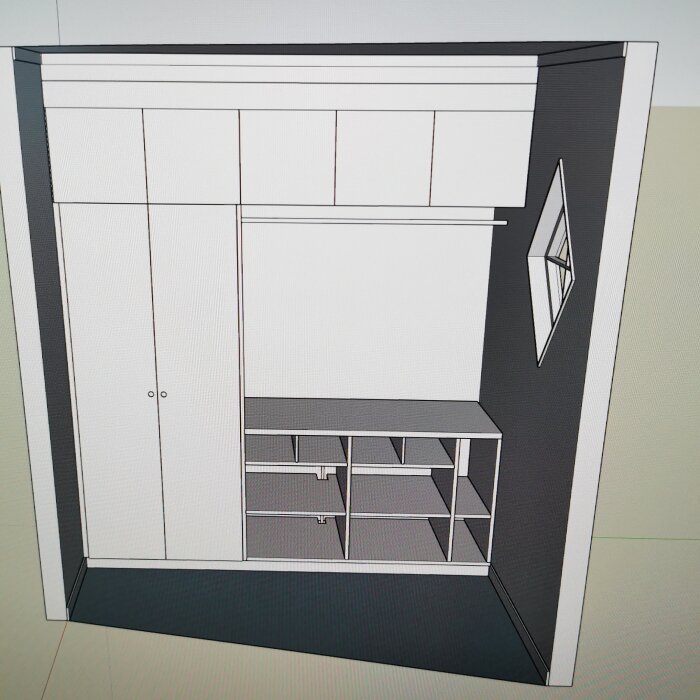 3D-modell av ett inbyggt garderobskoncept med skjutdörrar och inredning organisering, renderat på skärm.