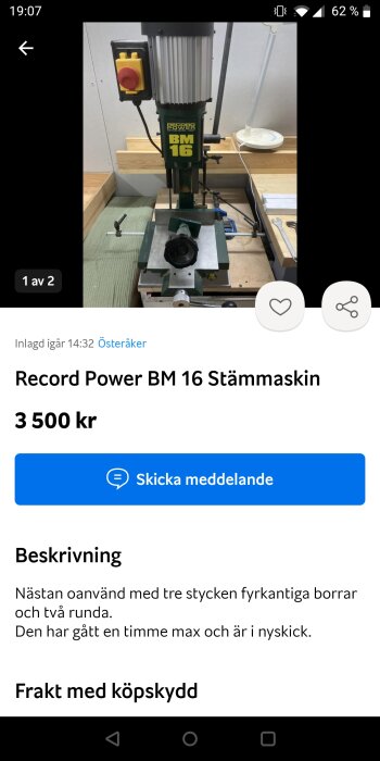 Pelarborrmaskin Record Power BM 16, nästan oanvänd, till salu för 3 500 kronor.