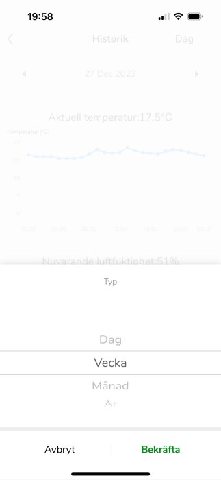 Skärmavbild av väderapp, visar temperaturhistorik, aktuell temperatur 17,5°C, luftfuktighet 51%, datum val.