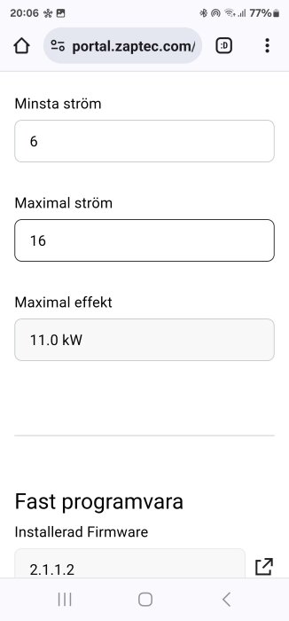 Skärmdump av inställningar för elektrisk apparat: minsta ström, maximal ström, effekt och firmware-version visas.