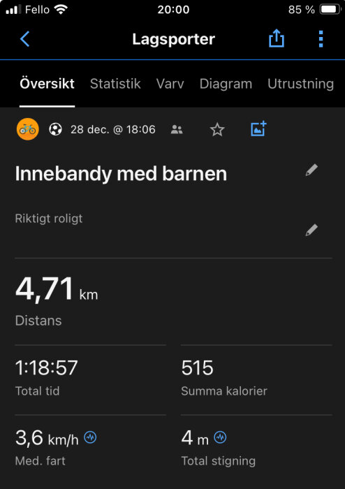 Skärmdump av träningsapp visar inomhusbandyaktivitet med barn, 4,71 km, 515 kcal, 1 timme 18 minuter.