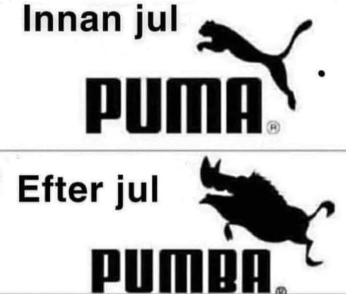 Två logotyper: "PUMA" innan jul med smal katt, "PUMBA" efter jul med rund katt, humoristisk julkomik.