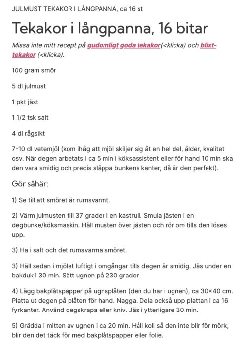 Recept på tekakor i långpanna, ingredienser och tillagningsinstruktioner på svenska.