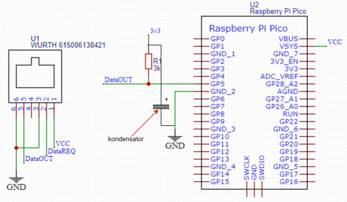 Elektriskt kopplingsschema för komponent och Raspberry Pi Pico med kondensator, motstånd och GPIO-pinnar.