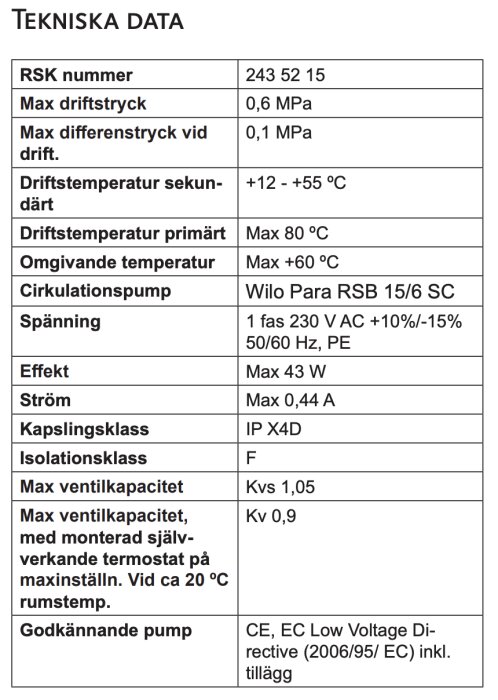 Teknisk specifikation, cirkulationspump, driftstryck, temperatur, effekt, ström, isolationsklass, CE-godkänd.