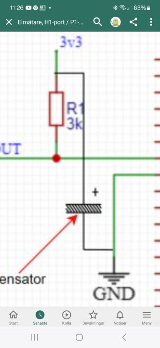 Elektriskt kretsdiagram med motstånd, spänning, jordning och förmodligen en kondensator eller sensor.