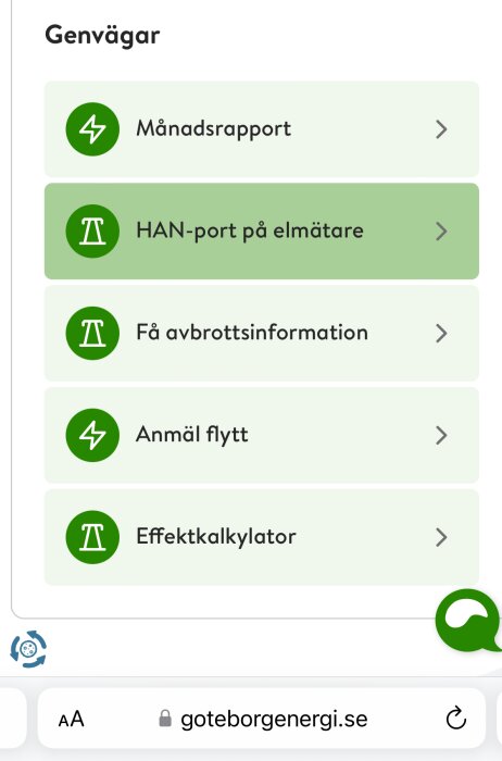 Mobilapp, genvegar, energirelaterade tjänster, HAN-port, avbrottsinformation, flyttanmälan, effektkalkylator, Grön och vit.