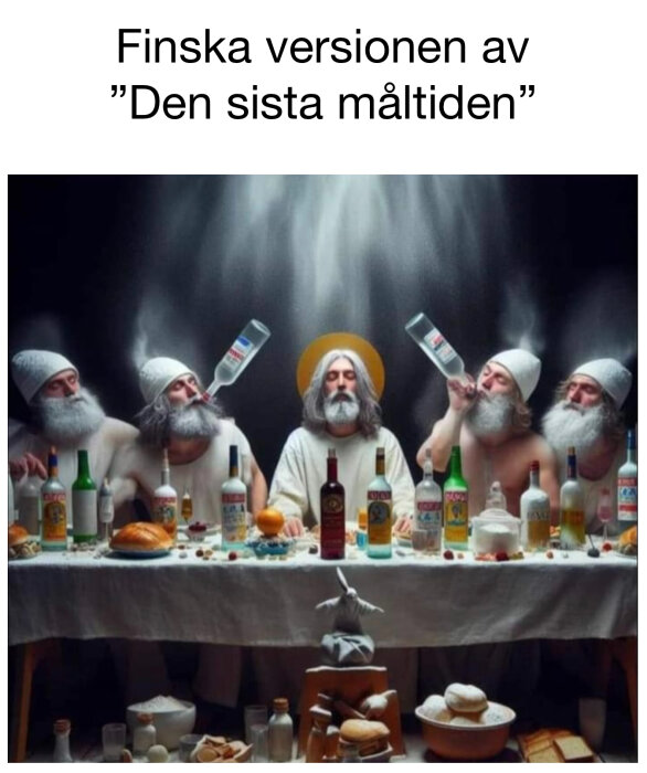 Parodi på "Den sista måltiden" med alkohol och finländska stereotyper, humoristisk och samtida tolkning.