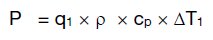 Ekvation som representerar en fysikalisk eller teknisk beräkning med variabler som P, q1, ρ, Cp, och ΔT1.