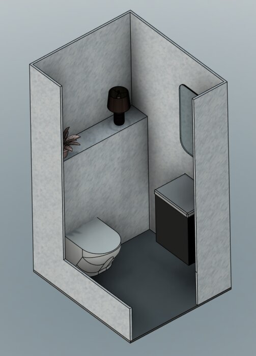 3D-modell av ett enkelt badrum med toalett, handfat och spegel, minimalistisk design.