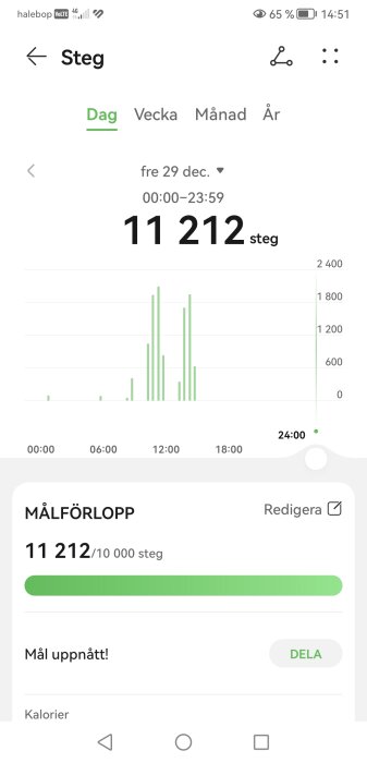 Skärmdump av stegräknare-app som visar 11,212 steg tagna, mål på 10,000 steg uppnått.