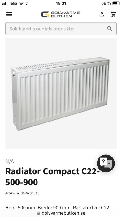 E-handelssida som visar vit radiator, modell Compact C22, för värmesystem. Produktspecifikation med mått och artikelnummer.