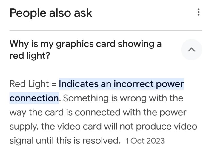 Skärmdump av en FAQ, grafikkortproblem, rött ljus, felaktig strömanslutning, daterad 1 oktober 2023.