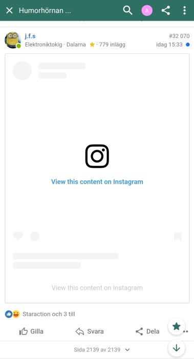 Skärmdump av Instagram-inlägg som inte visas, omgiven av användargränssnitts-element och interaktionsknappar.