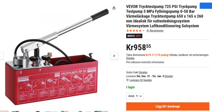 Röd trycktestpump med manometer och spak, tekniska beskrivningar, onlinebutiksfönster, pris i svenska kronor.