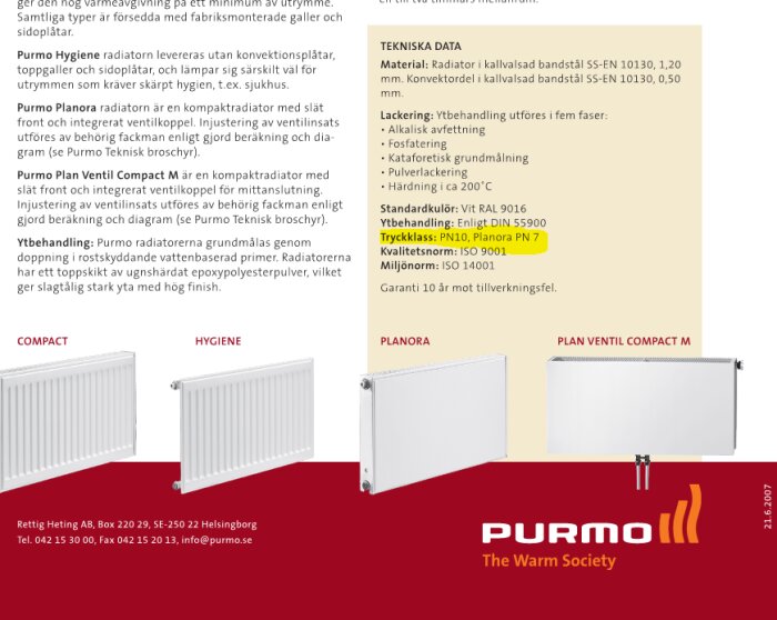 Bild på en broschyr för Purmo-radiatorer med teknisk information och olika modeller.