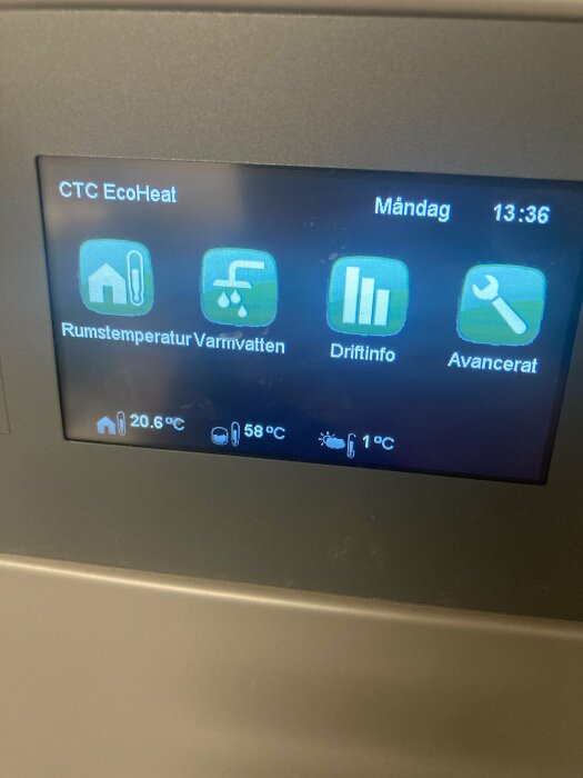 Skärm för värmepumpen CTC EcoHeat som visar tid, rumstemperatur, varmvattentemperatur och utetemperatur.