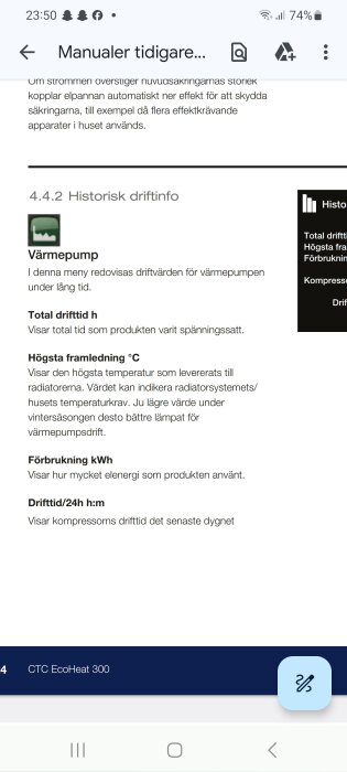 Skärmavbild av en manual för värmepumpen CTC EcoHeat 300 med information om historisk driftdata.