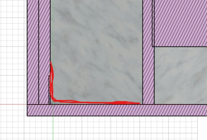 CAD-ritning av snitt genom väggkonstruktion med marmorplattor och isoleringsdetaljer.