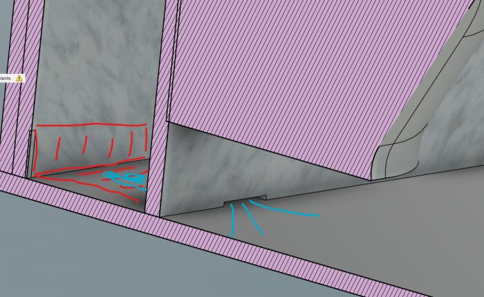 Digital skiss; interiör hörn med marmortextur, röda markeringar, blåa streck, varningssymbol uppe vänster.