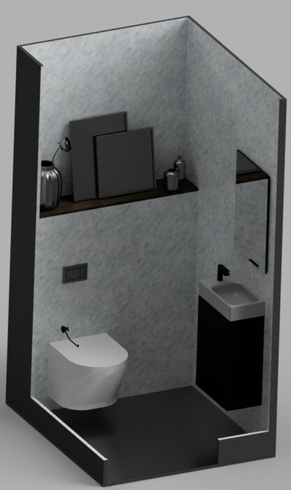 Modern minimalistisk badrum, grå toner, toalett, handfat, spegel, hyllor, stilren design.