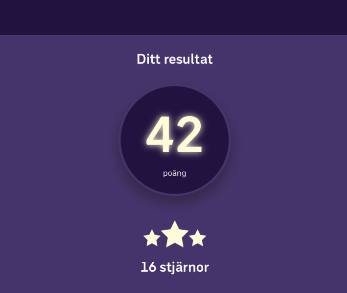 Skärm med resultatet 42 poäng, lila bakgrund, tre av fem stjärnor markerade.