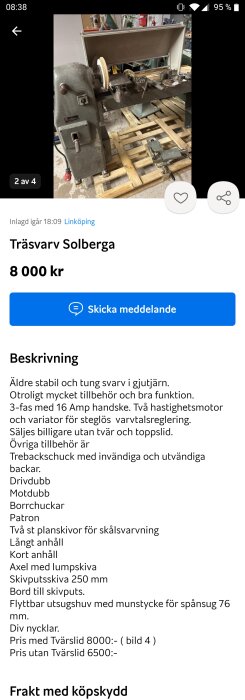 Äldre trävarv i gjutjärn, tillbehör med, annonserad för försäljning i Linköping. Prissatt mellan 6500-8000 kronor.