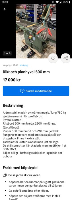 Industriell äldre träbearbetningsmaskin, rikt- och planhyvel, i verkstad till salu online.