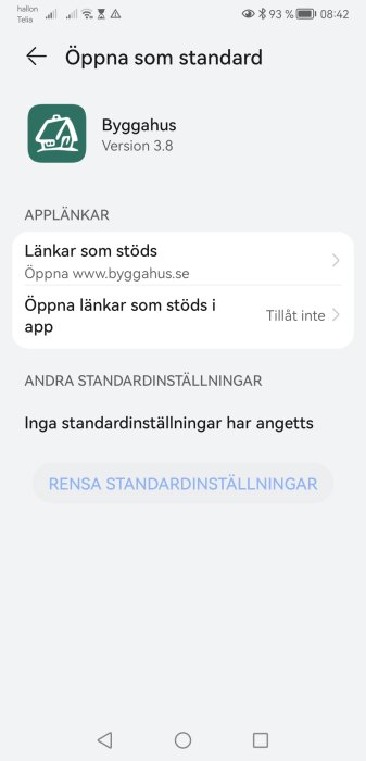 Skärmdump från smartphoneinställningar för appen 'Byggahus', avser länkhantering, version 3.8, rensa val.