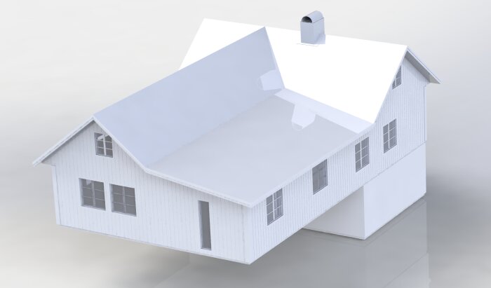 3D-modell av ett vitt hus med en lutande takkonstruktion och flera fönster, reflekterande yta under.