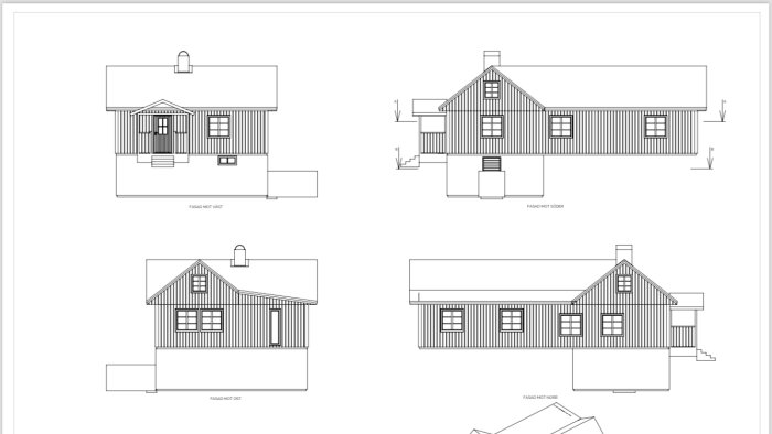 Arkitektoniska ritningar av ett hus, fyra vyer: framifrån, bakifrån, från sidan.