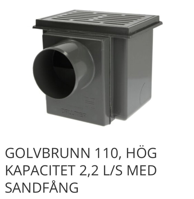 Golvbrunn i plast med lock och sidoutlopp, sandfång, kapacitet 2,2 liter per sekund.