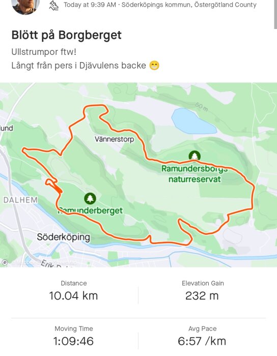 En skärmdump av en löprunda, 10 km, genom Ramunderberget naturreservat, blött väder, innehåller statistik och karta.