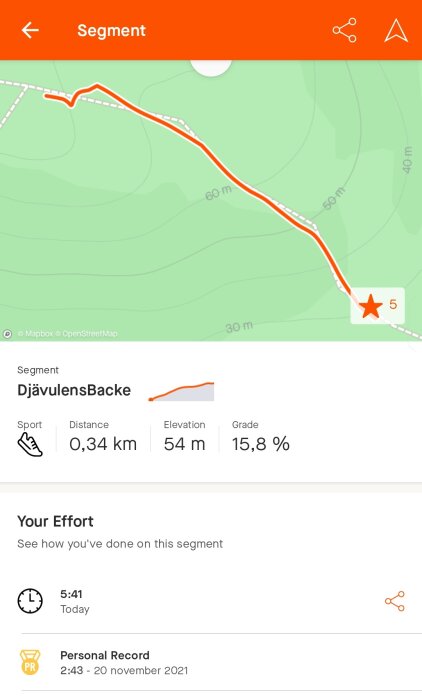 Skärmavbild av sportapp, karta över segment, distans, höjddata, lutning och ansträngningsstatistik.