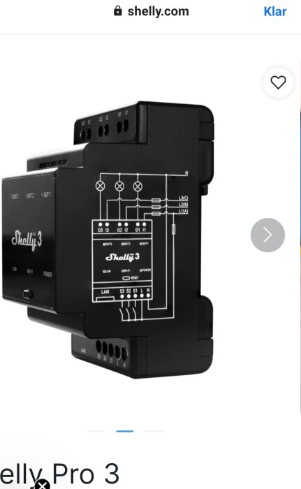 Enheten "Shelly Pro 3" med schematisk illustration, anslutningsportar för smart hemstyrning och märkning.