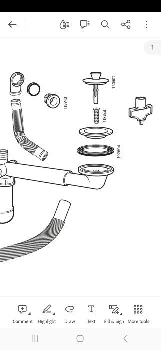 Schematisk illustration av avloppsdelar för handfat, inklusive rör och tätningskomponenter, i svartvitt.