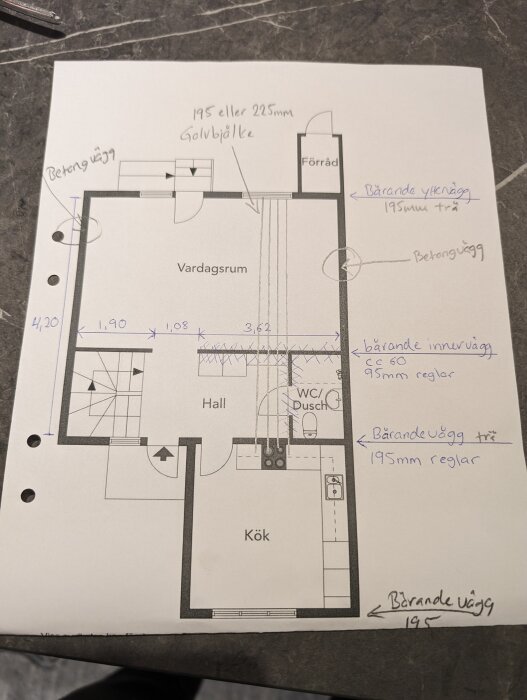 Planritning av en lägenhet med mått och anteckningar om väggmaterial och -tjocklek.