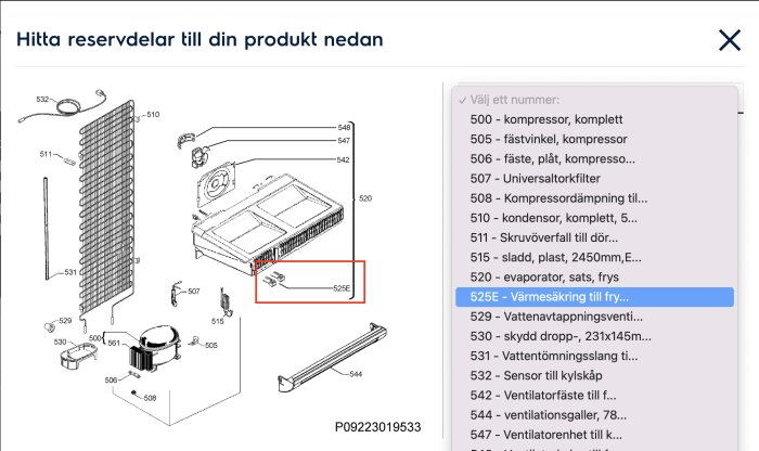 Explosionsritning av kylskåpsdelar med numrerade komponenter och reservdelslista till höger.